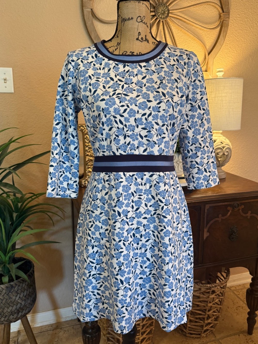 Draper James Blue Floral Fit-and-Flare Dress with Navy Trim